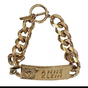 Anne Klein Gold Tone Bracelet Name ID Lion Logo Thick Chain Chunky Toggle 7.5"